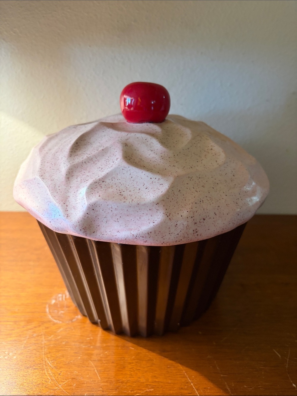 Novelty Cupcake Ceramic Container with Pink Frosting and Red Cherry